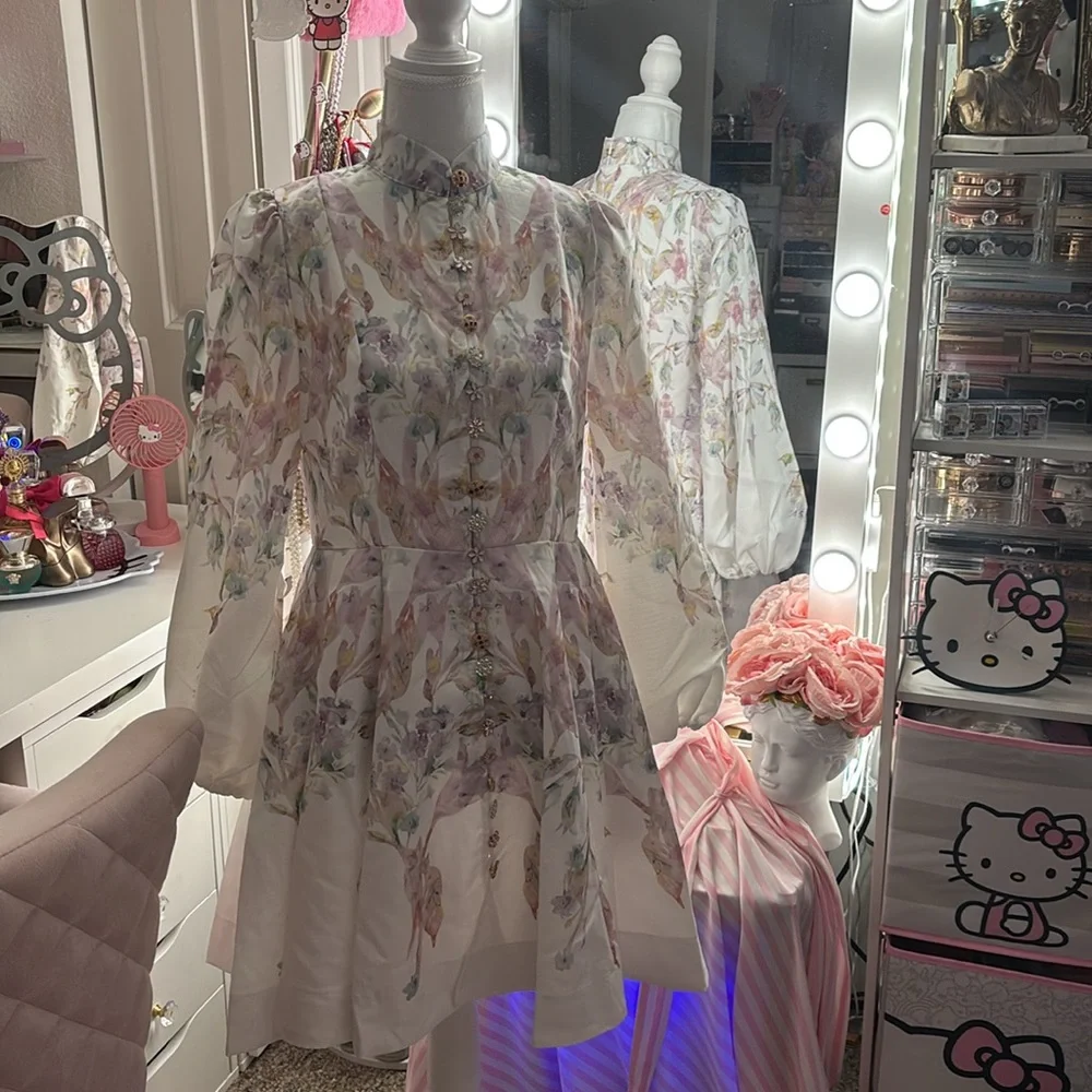Women's Floral Print Dress Stand Collar Long Sleeve and floral Belt. - Picture 3 of 7